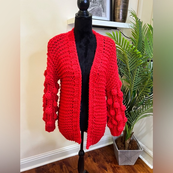 Nasty Gal Red Pom Pom Red Chunky Knit Open Front Cardigan Medium - Picture 4 of 8